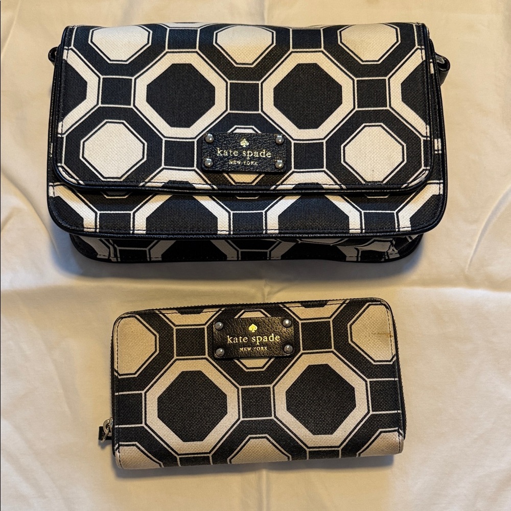 Kate Spade Rachelle Wellesley Black and Cream Hexagon Crossbody Bag Set